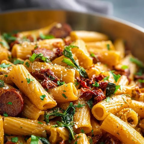 A bowl filled with pasta, sausage, and colorful veggies.