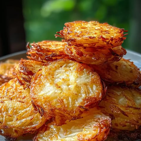 Stacked fried potatoes with crispy edges.