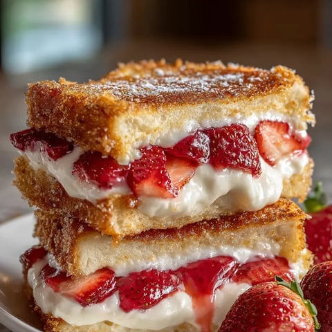 Sandwich stack topped with fresh strawberries.