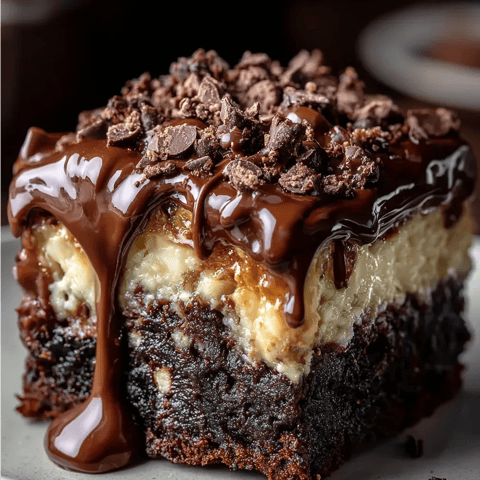 A chocolate cake with chocolate drizzle on top.