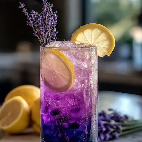 A glass of purple drink with lemon slices and lavender.