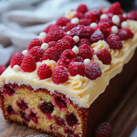 A slice of loaf topped with raspberries and creamy frosting.