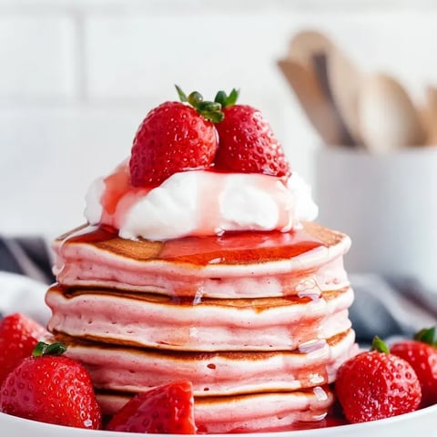 Stacked pancakes topped with strawberries and cream.