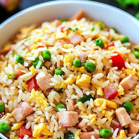 A bowl full of ham and rice with pops of green peas.