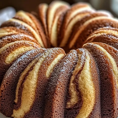 A cake with a brown and white striped pattern.