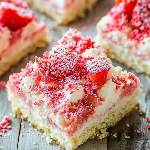 A slice of cake piled with white icing and a layer of red strawberries.