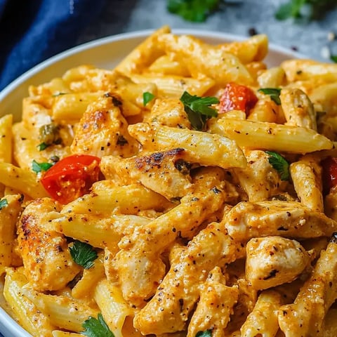 Pasta bowl with chicken chunks and tomatoes