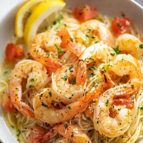 A bowl overflowing with pasta and shrimp.