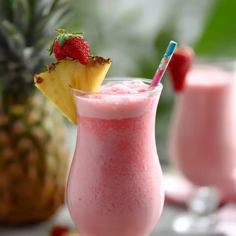 Pink tropical drink in a glass finished with a pineapple wedge on top.