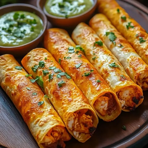 An inviting platter holding taquitos with a bowl of salsa ready for dipping.