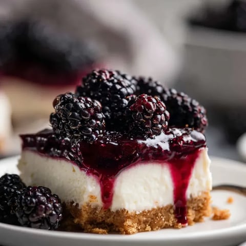 Slice of cheesecake with blackberries on top.