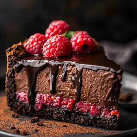 Chocolate cheesecake slice topped with raspberries.