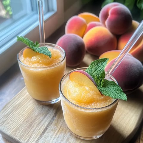 A pair of glasses filled with peachy drink and fresh mint leaves.