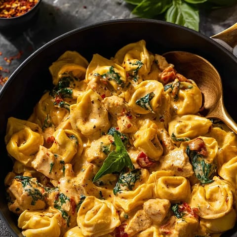 A bowl of pasta with a spoon in it.