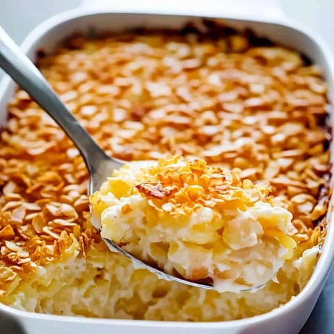 A spoon digs into a bowl of cheesy potatoes topped with crispy corn flakes.