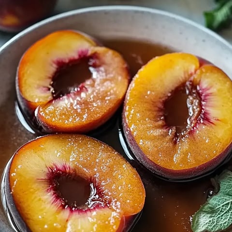 Syrupy peaches hanging out in a bowl.