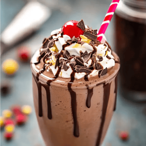 A chocolate milkshake with a cherry on top.