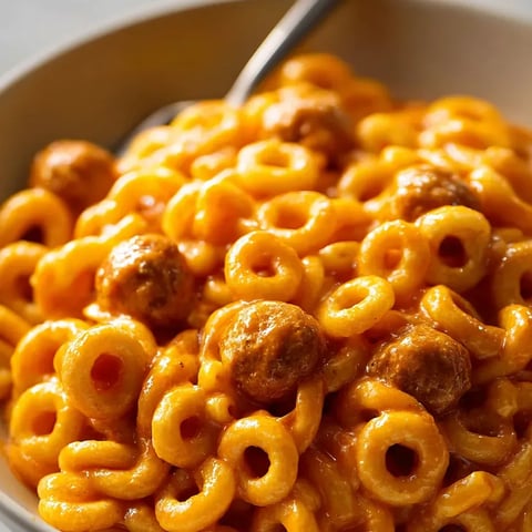 Bowl filled with cheesy noodles and meatballs. Spoon rests inside.