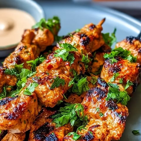 Some juicy grilled chicken on a plate beside a dipping sauce.