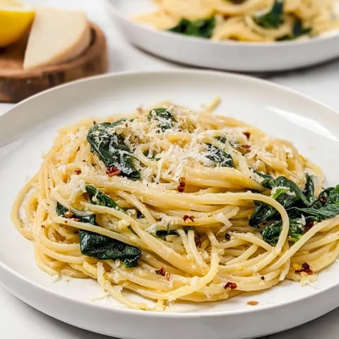 A plate of pasta with spinach and cheese.