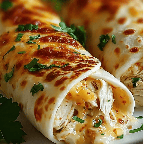 A plate stacked with crispy wraps next to a burrito and some chicken.