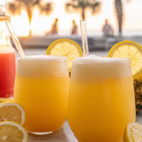 Two glasses of lemonade with lemon slices floating in them.