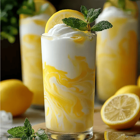 Tall glass filled with lemony drink and a lemon slice on the rim.