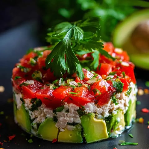 Plate topped with a colorful layered stack—avocado, tuna, salsa, and cilantro.