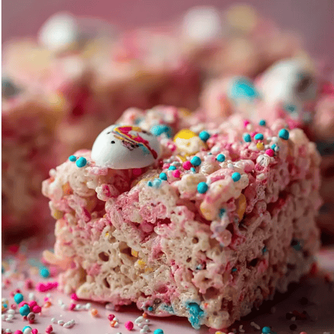 A square marshmallow bar with colorful sprinkles and a cookie piece on top.