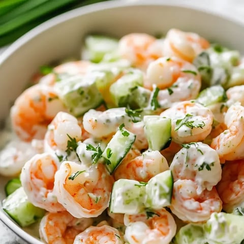 Some shrimp salad in a bowl with cucumbers, plus a few other veggies.