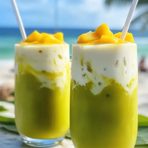 Couple of glasses filled with green matcha smoothies.