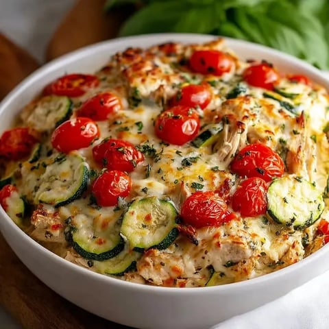 A bowl stacked with zucchini and cherry tomato chunks.