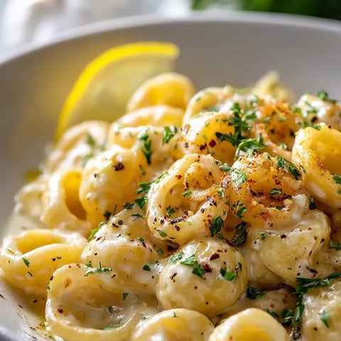 A bowl with golden noodles and a slice of lemon up top.