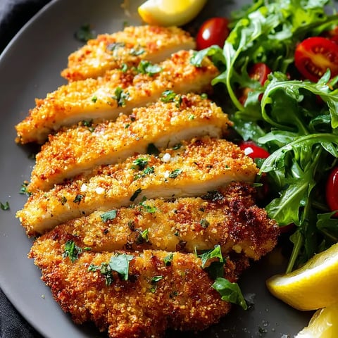 Serving plate filled with golden chicken, tomatoes, greens, and a pop of lemon.