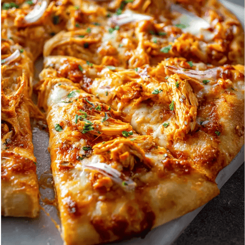 A slice of pizza topped with chicken and onions sits on a plate.