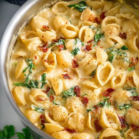 A bowl full of cheesy pasta with crispy bacon pieces on top.