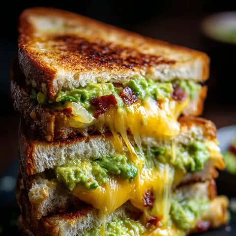 Sandwiches stacked high with cheese and avocado showing.