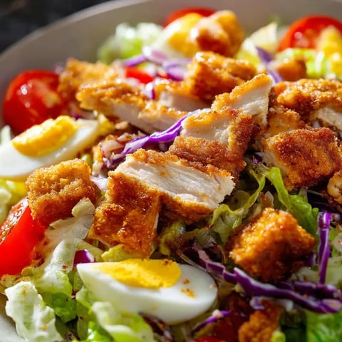 A big bowl of salad with eggs and chicken.