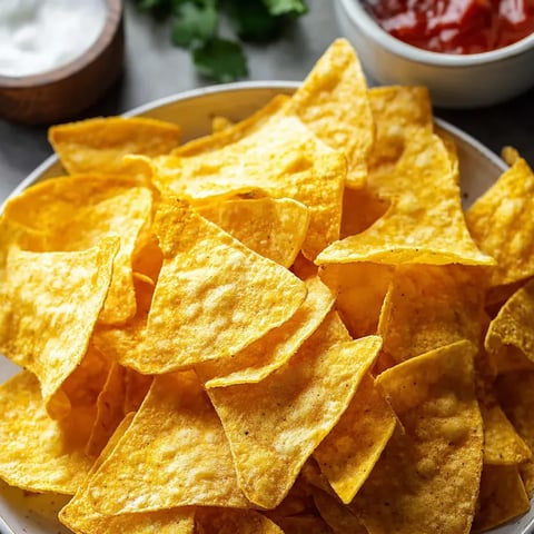 A bowl of chips with a side of ketchup.