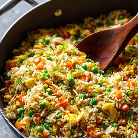 A wooden spoon scoops up veggie-packed fried rice from a pan.