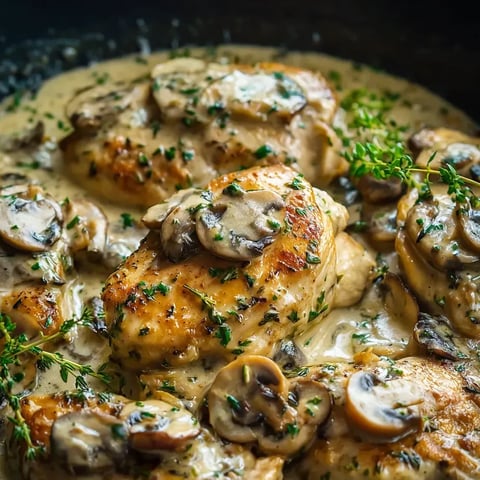 Chicken loaded with mushrooms and sprinkled with fresh herbs.