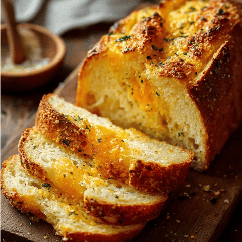 A slice of bread packed with melted cheese and fresh herbs.