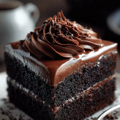 Chocolate cake slice with glossy icing.