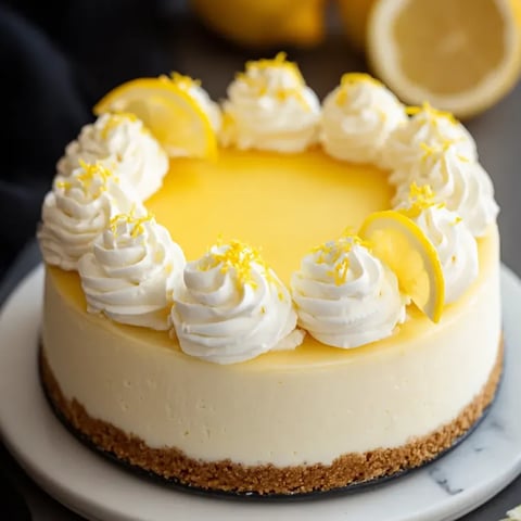 A slice of lemon cheesecake with a yellow lemon wedge on top.