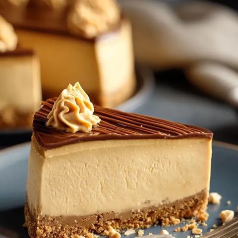 Slice of creamy cheesecake topped with fluffy whipped cream.