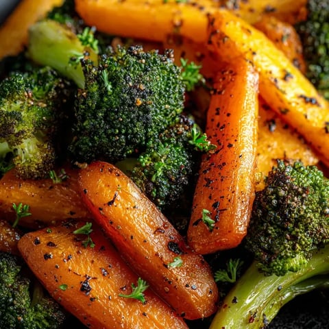 Plate close-up with roasted broccoli and carrots, ready to eat.