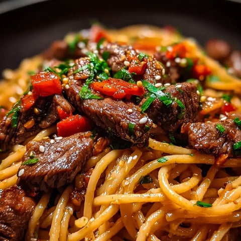 Beef and pasta served in a bowl.