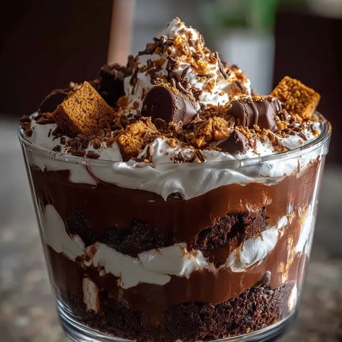 Layers of chocolate, fluffy whipped cream, and chocolate chips showing in a dessert.
