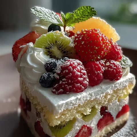 A piece of cake topped with fruit.