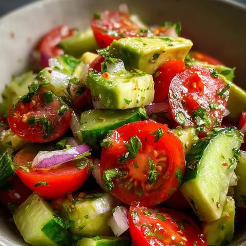 A serving bowl filled with sliced cucumbers, tomatoes, onions, and peppers.